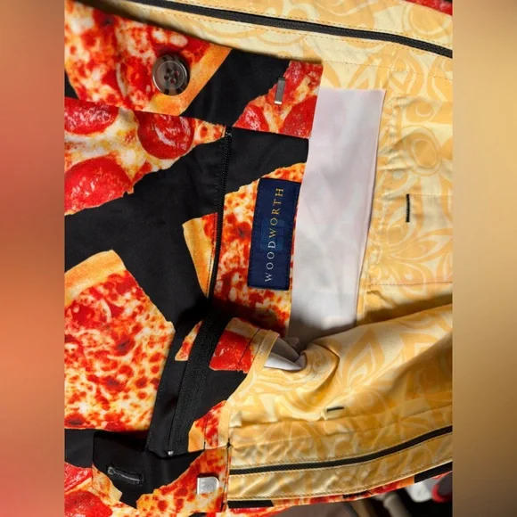 Loudmouth Mens Chino Golf Shorts 44 Black Orange Pizza Print Flat Front Pockets - Picture 3 of 4